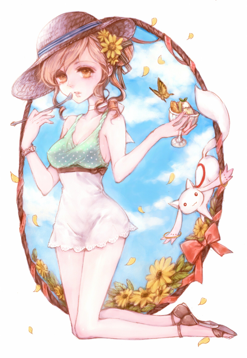 blonde_hair, bow, bracelet, breasts, cleavage, dress, flower, food, frame, hair_bun, hair_bunf, hat, ice_cream, jewelry, kneeling, kyubey, lower, mahou_shoujo_madoka_magica, petals, sideboob, solo, spoon, sun_hat, tomoe_mami, yellow_eyes, yukishiro_(hitsuji)