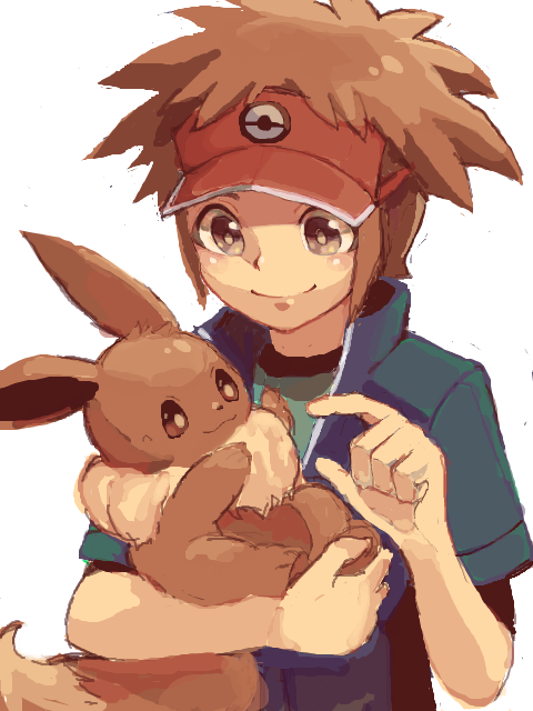 1boy, blush_stickers, brown_eyes, brown_hair, carrying, eevee, jacket, karatou