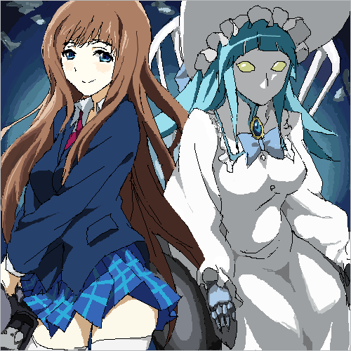 blazer, blue_eyes, blush, bowtie, checkered, checkered_skirt, dress, dual_persona
