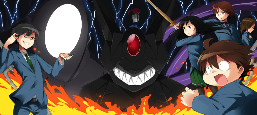 3girls, accel_world, arita_haruyuki, armor, black_hair, blazer, brown_hair, duel_avatar, dusk_taker, fire, from_behind, glasses, grin, kouzuki_yuniko, kurashima_chiyuri, kuroyukihime, long_hair, mayuzumi_takumu, mecha, multiple_boys, multiple_girls, n39, necktie, noumi_seiji, red_hair, redhead, school_uniform, sharp_teeth, sharped_teeth, shinai, short_hair, short_twintails, smile, sword, twintails, weapon