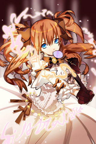 blue_eyes, brooch, candy, dress, gloves, grin, hair_ribbon, holding