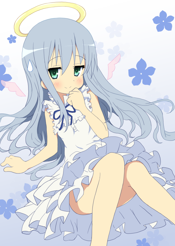 ano_hi_mita_hana_no_namae_wo_bokutachi_wa_mada_shiranai, blue_hair, cosplay, dress, green_eyes, halo, honma_meiko, honma_meiko_(cosplay), izumi_konata, long_hair, lucky_star, sleeveless, solo, sweatdrop, tyke, wings