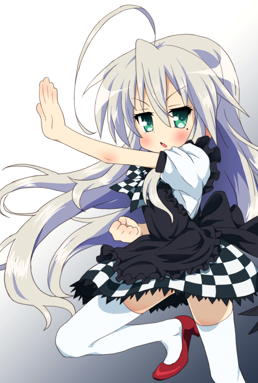 ahoge, apron, checkered, dress, green_eyes, haiyore!_nyaruko-san, izumi_konata, kamen_rider