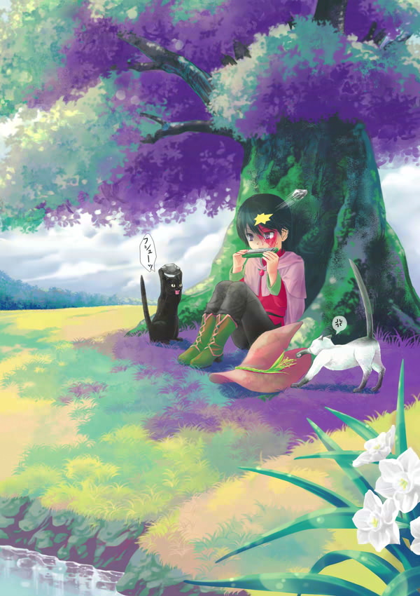 blood_on_face, boots, cat, elona, harmonica, hat, hayah_(pixiv), instrument, rock, tree