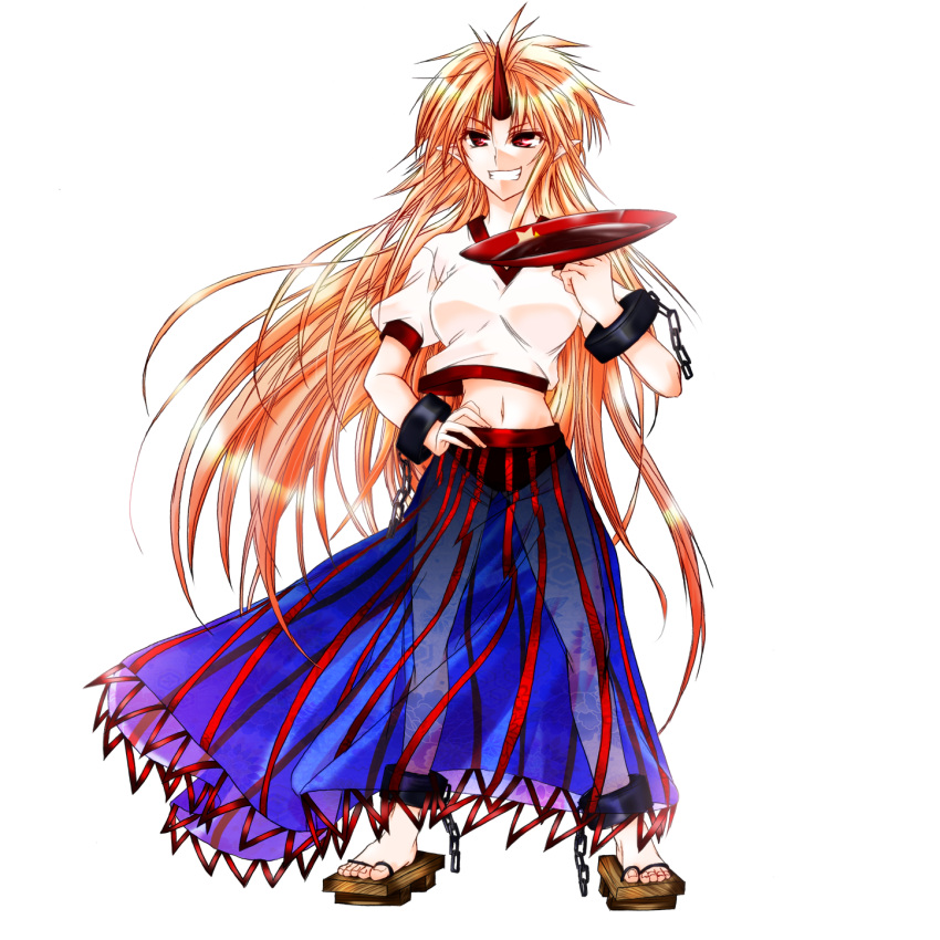 blonde_hair, breasts, buruma, chain, cuffs, geta, grin, hazuki_rui