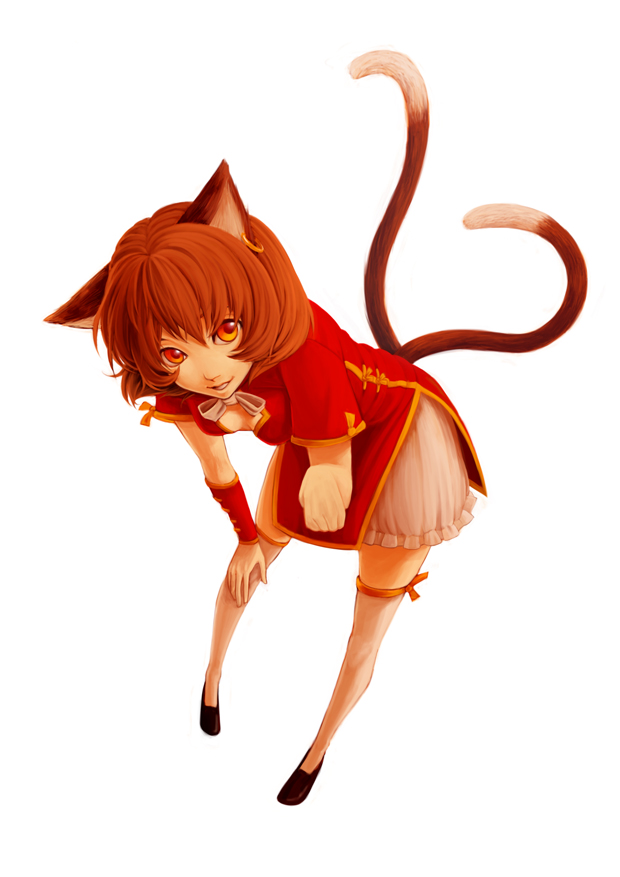 1girl, animal_ears, cat_ears, cat_tail, chen, china_dress, chinese_clothes, multiple_tails, no_hat, no_headwear, orange_eyes, orange_hair, raming_(0raming0), short_hair, short_sleeves, smile, solo, tail, touhou, white_background
