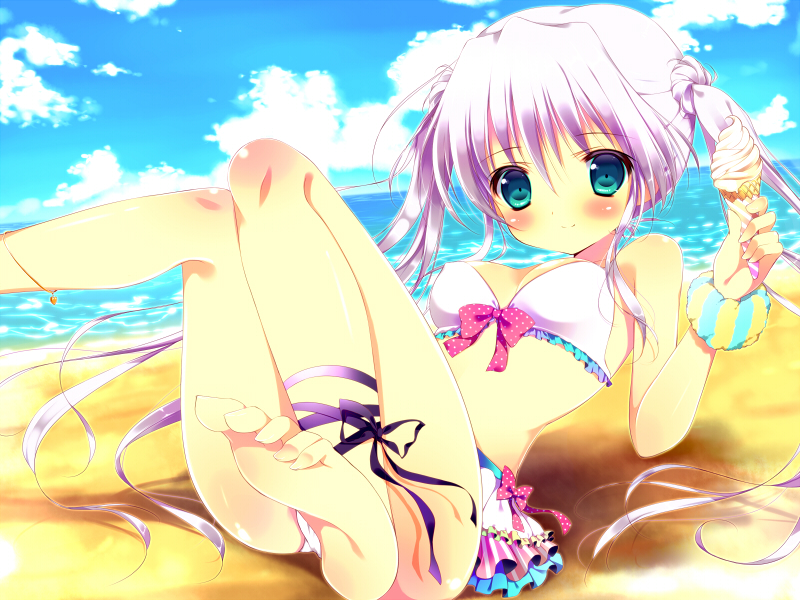 ankle_ribbon, barefoot, beach, bikini, blue_eyes, blush, bracelet, feet