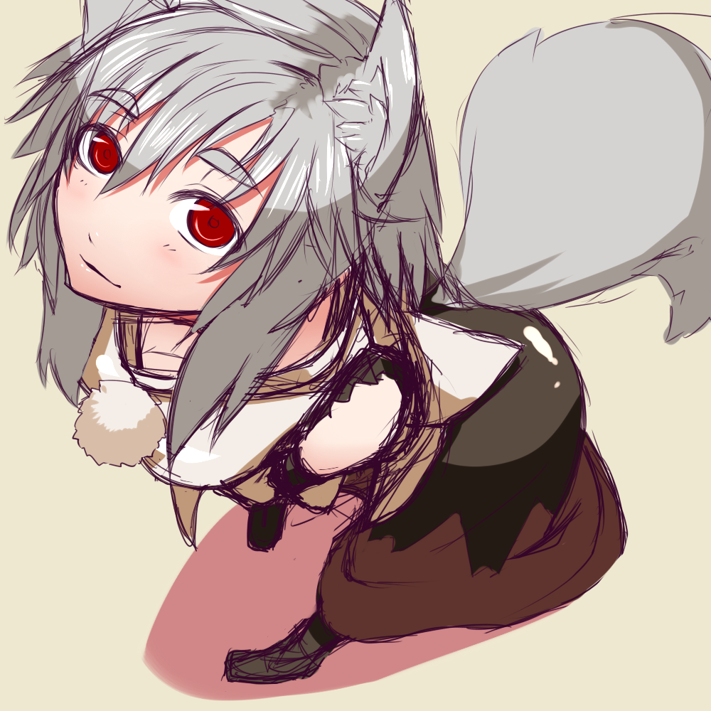 animal_ears, from_above, icf, inubashiri_momiji, looking_at_viewer, looking_up, mazuka_kei, no_hat