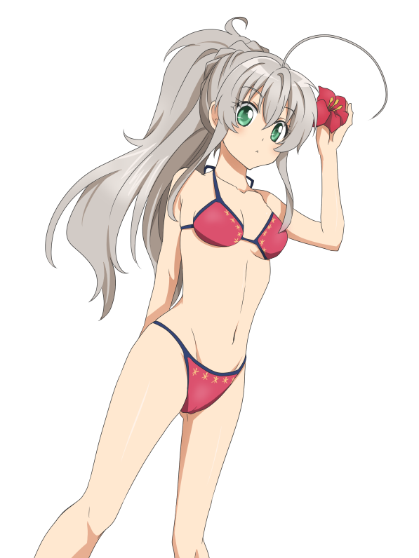 ahoge, alternate_hairstyle, bikini, breasts, compacthuman, flower, green_eyes, haiyore!_nyaruko-san, long_hair, nyarlathotep_(nyaruko-san), ponytail, rumia_(compacthuman), silver_hair, simple_background, solo, swimsuit, white_background