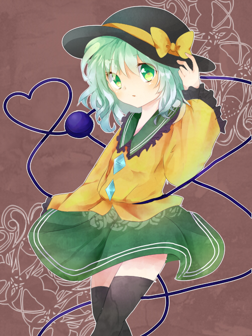 black_legwear, blush, eyeball, green_eyes, green_hair, hat, hat_ribbon, heart
