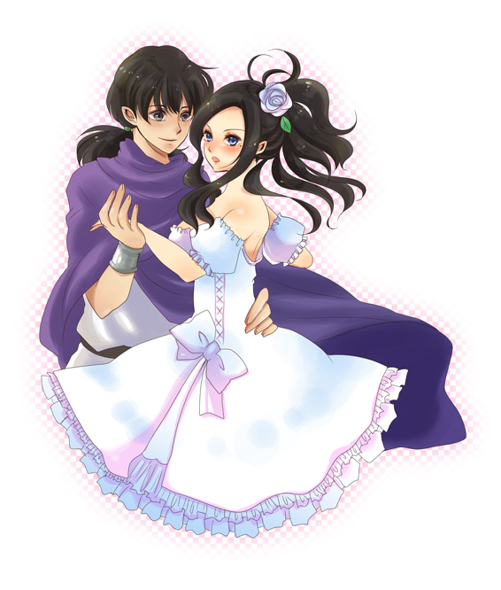 1girl, black_hair, blue_eyes, blush, cape, couple, dancing, deborah, dragon_quest, dragon_quest_v, dress, flower, hair_flower, hair_ornament, hair_up, hand_holding, hero_(dq5), holding_hands, icomemo, open_mouth, wedding_dress