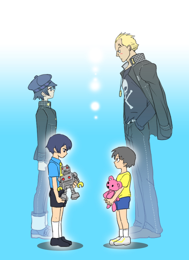 1boy, 1girl, 2boys, 2girls, age_comparison, age_difference, androgynous, black_hair