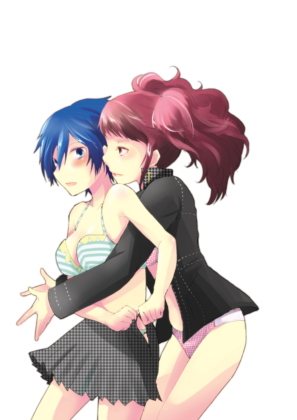 blue_hair, bra, breasts, cleavage, cosplay, costume_switch, couple, crossdressinging