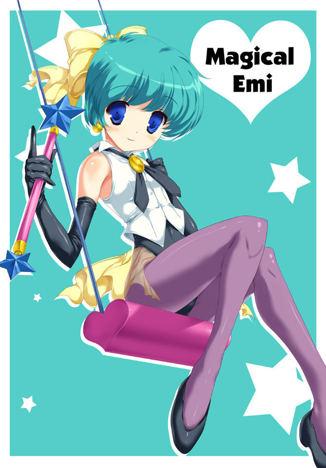 blue_eyes, blush, earrings, elbow_gloves, gloves, green_hair, jewelry, kohado