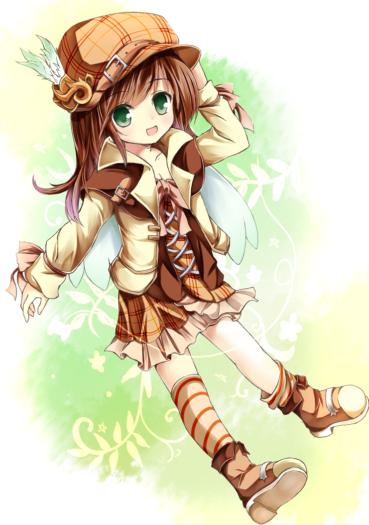 1girl, boots, brown_hair, cabbie_hat, green_eyes, hat, long_hair, open_mouth, original, pixiv_fairy, skirt, smile, solo, wings, yuuhagi_(amaretto-no-natsu)