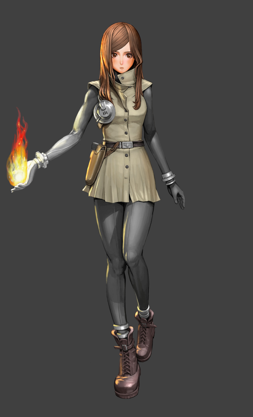 absurdres, anklet, brown_eyes, brown_hair, combat_boots, cordelia_blake, fire, gloves