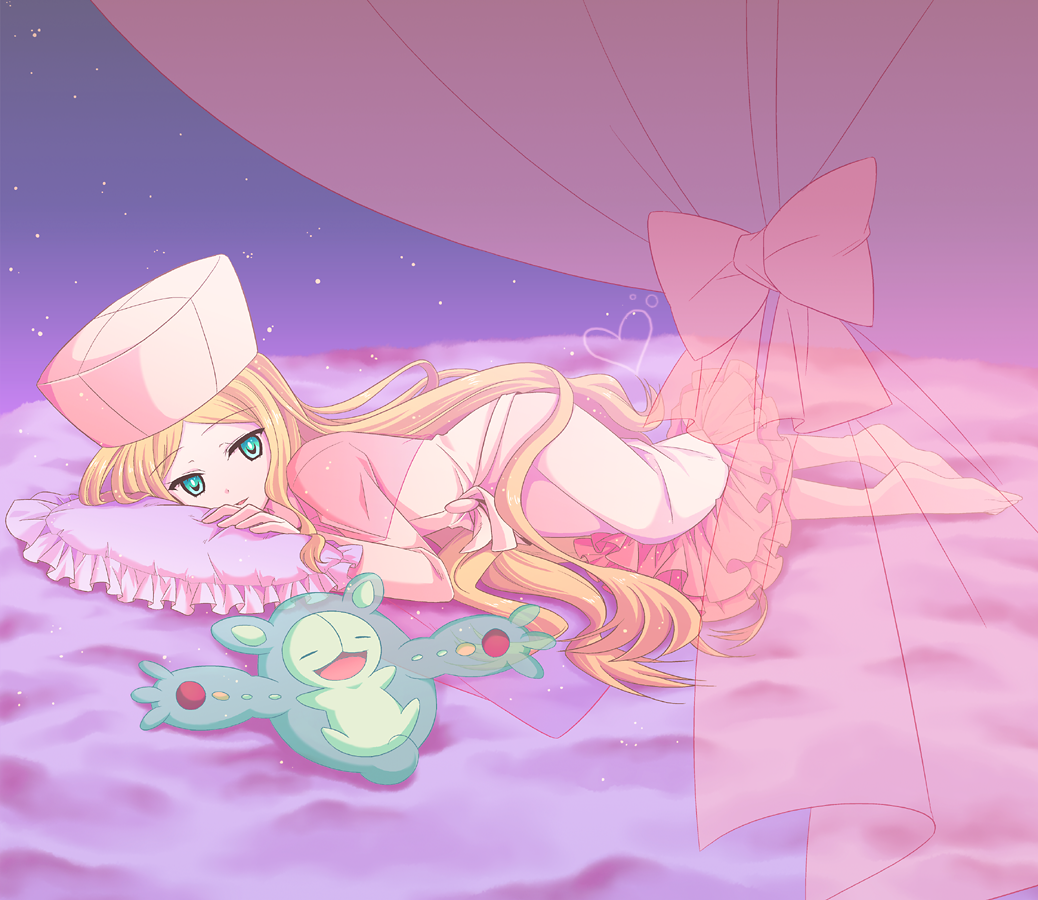 1girl, aqua_eyes, barefoot, blonde_hair, bow, cattleya_(pokemon), curtains, dress, frilled_dress, frills, hat, heart, light_smile, long_hair, lying, nu_(ukskuj), on_side, parted_lips, pillow, pokemon, pokemon_(creature), pokemon_(game), pokemon_bw, reuniclus, ribbon, star_(sky), very_long_hair