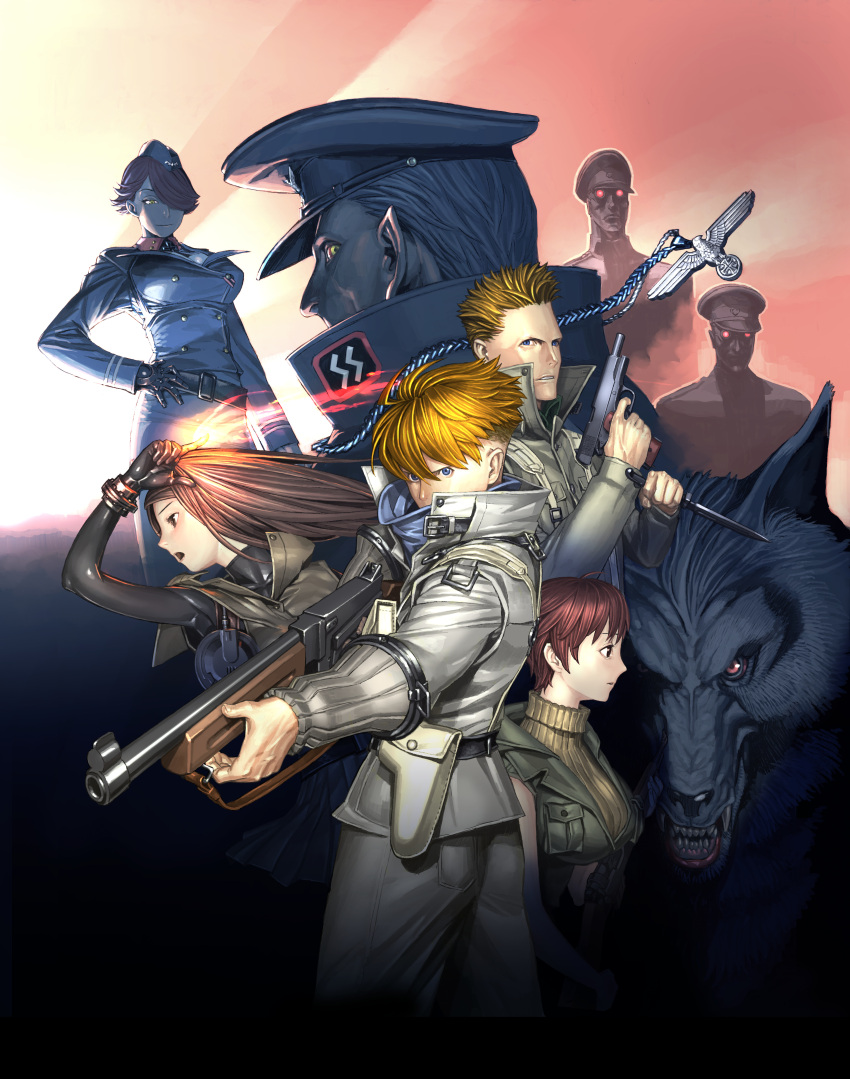 absurdres, alexander_vlado, blonde_hair, blue_eyes, breasts, brown_hair, carmilla_(operation_darkness), combat_knife