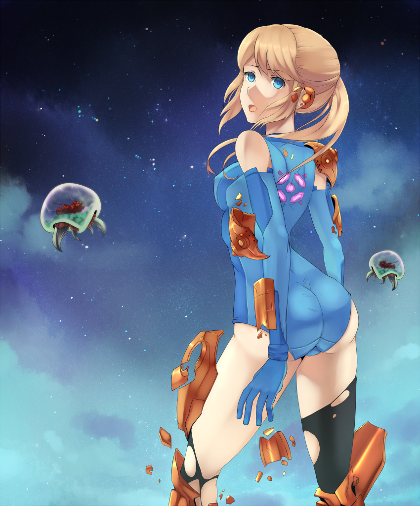 1girl, absurdres, adapted_costume, ass, blonde_hair, blue_eyes, from_behind, highres, metroid, metroid_(creature), nintendo, ponytail, samus_aran, torn_clothes, ushio_(starchild720), zero_suit
