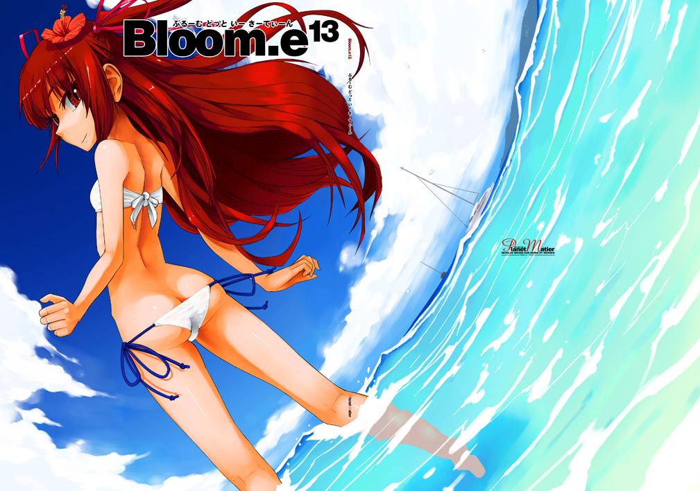 ass, bikini, from_behind, long_hair, looking_back, original, red_eyes, red_hair