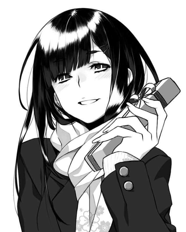 blush, gift, jk_(character), long_hair, monochrome, original, scarf, solo