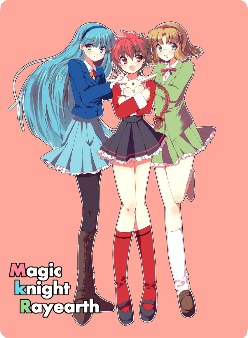 3girls, bangs, black_legwear, blazer, blue_blazer, blue_eyes, blue_hair, blue_hairband, blue_jacket, blue_skirt, blush, boots, braid, brown_footwear, brown_hair, closed_mouth, copyright_name, full_body, green_blazer, green_eyes, green_jacket, green_skirt, hair_ribbon, hairband, highres, holding, hououji_fuu, jacket, knee_boots, kneehighs, long_hair, long_sleeves, magic_knight_rayearth, mokona, multiple_girls, open_mouth, pantyhose, pink_background, pleated_skirt, red_eyes, red_hair, red_hairband, red_legwear, red_neckwear, red_ribbon, redhead, ryuuzaki_umi, school_uniform, shidou_hikaru, shoes, short_hair, simple_background, single_braid, skirt, smile, socks, standing, standing_on_one_leg, title_drop, white_legwear, yno