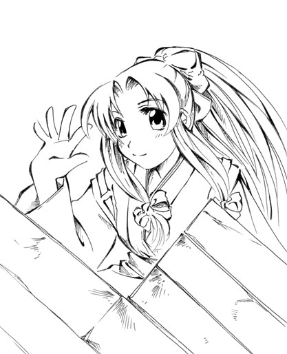 eternal_melody, jason_(kaiten_kussaku_kikou), kurenai_wakaba, long_hair, monochrome, simple_background, smile, solo