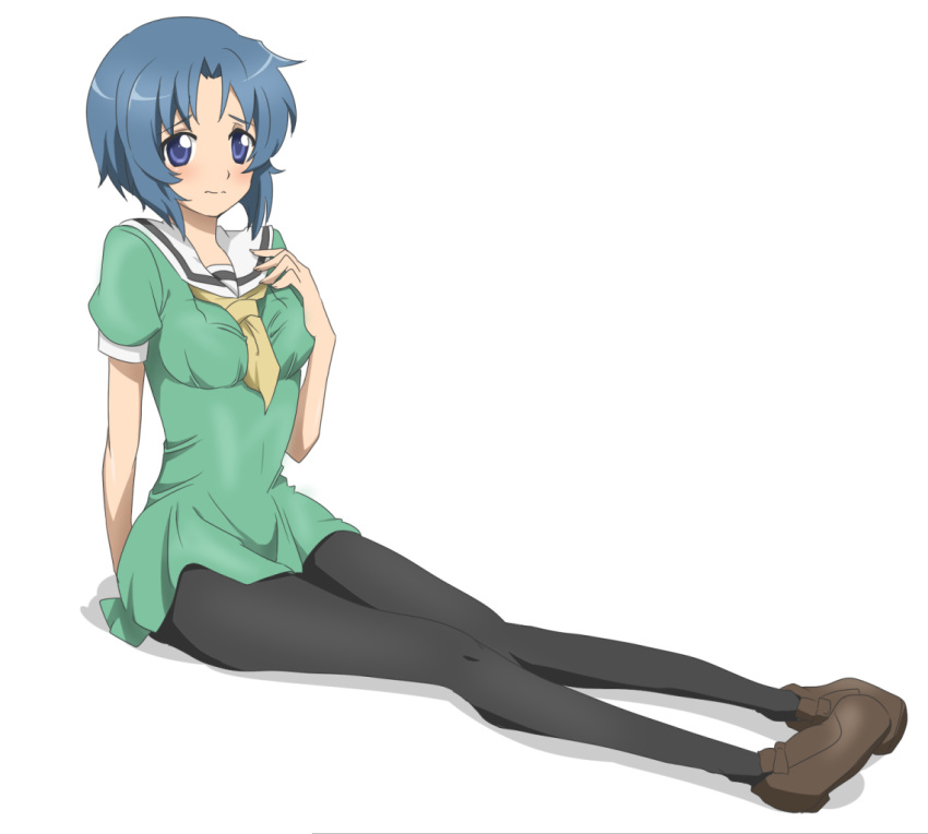 blue_eyes, blue_hair, blush, breasts, chie_rumiko, compacthuman, cosplay, higurashi_no_naku_koro_ni, houjou_satoko, houjou_satoko_(cosplay), legs, pantyhose, rumia_(compacthuman), short_hair, sitting, solo