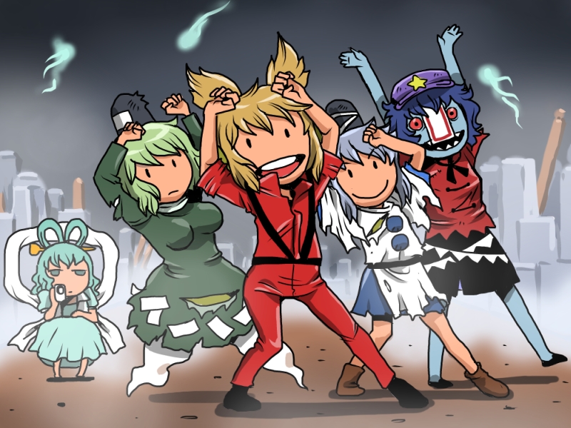 \o/, alternate_eye_color, arms_up, beret, blonde_hair, blue_hair, breasts, camcorder, cosplay, dancing, dress, ghost_tail, graveyard, green_dress, green_hair, hair_rings, hair_stick, hat, japanese_clothes, kaku_seiga, kariginu, long_sleeves, michael_jackson, michael_jackson_(cosplay), miyako_yoshika, mononobe_no_futo, multiple_girls, multiple_tails, onikobe_rin, open_mouth, outstretched_arms, parody, red_eyes, sharp_teeth, shawl, short_hair, short_sleeves, silver_hair, skirt, smile, soga_no_tojiko, solid_circle_eyes, squatting, star, suspenders, tail, tate_eboshi, thriller, torn_clothes, touhou, toyosatomimi_no_miko, video_camera, wide_sleeves, zombie