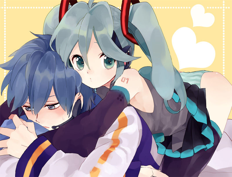 1boy, 1girl, amezawa_koma, aqua_eyes, aqua_hair, back_hug, bad_id, bent_over