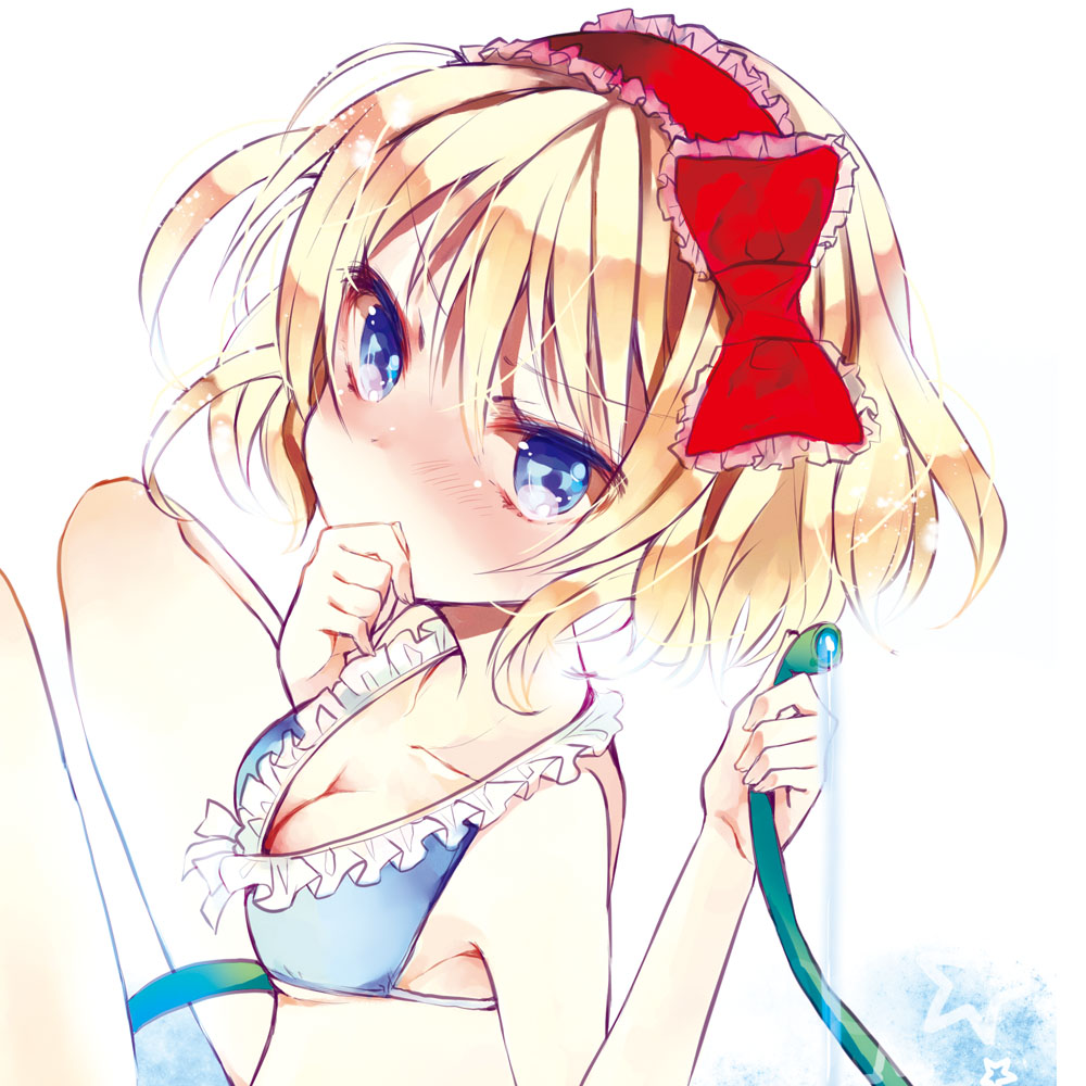 alice_margatroid, bikini, blonde_hair, blue_bikini, blue_eyes, blush, breasts, cleavage