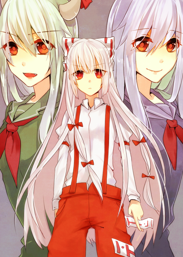 amazakesakumi1222, blue_hair, bow, dual_persona, ex-keine, fang, fujiwara_no_mokou, green_hair