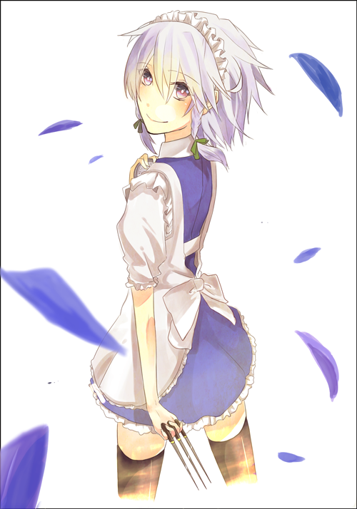 alternate_eye_color, amazakesakumi1222, apron, braid, izayoi_sakuya, maid, maid_headdress, pocket_watch, puffy_sleeves, purple_eyes, short_hair, short_sleeves, silver_hair, smile, solo, touhou, turning, twin_braids, violet_eyes, watch, white_background