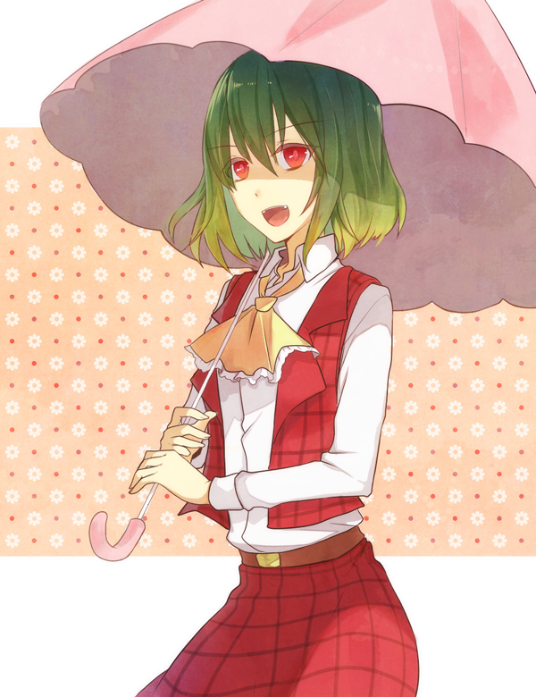 amazakesakumi1222, ascot, belt, fang, green_hair, kazami_yuuka, long_sleeves, open_mouth