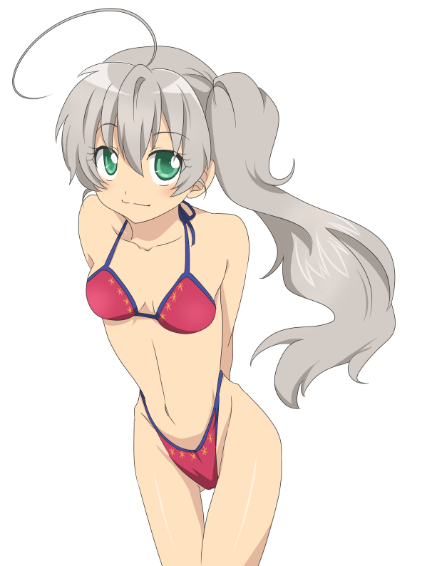 1girl, ahoge, bikini, compacthuman, green_eyes, haiyore!_nyaruko-san, highleg, highleg_bikini