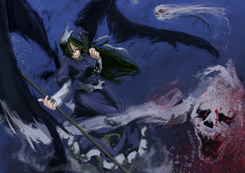 capelet, crescent, dark, faux_traditional_media, ghost, glowing, glowing_eyes, green_eyes