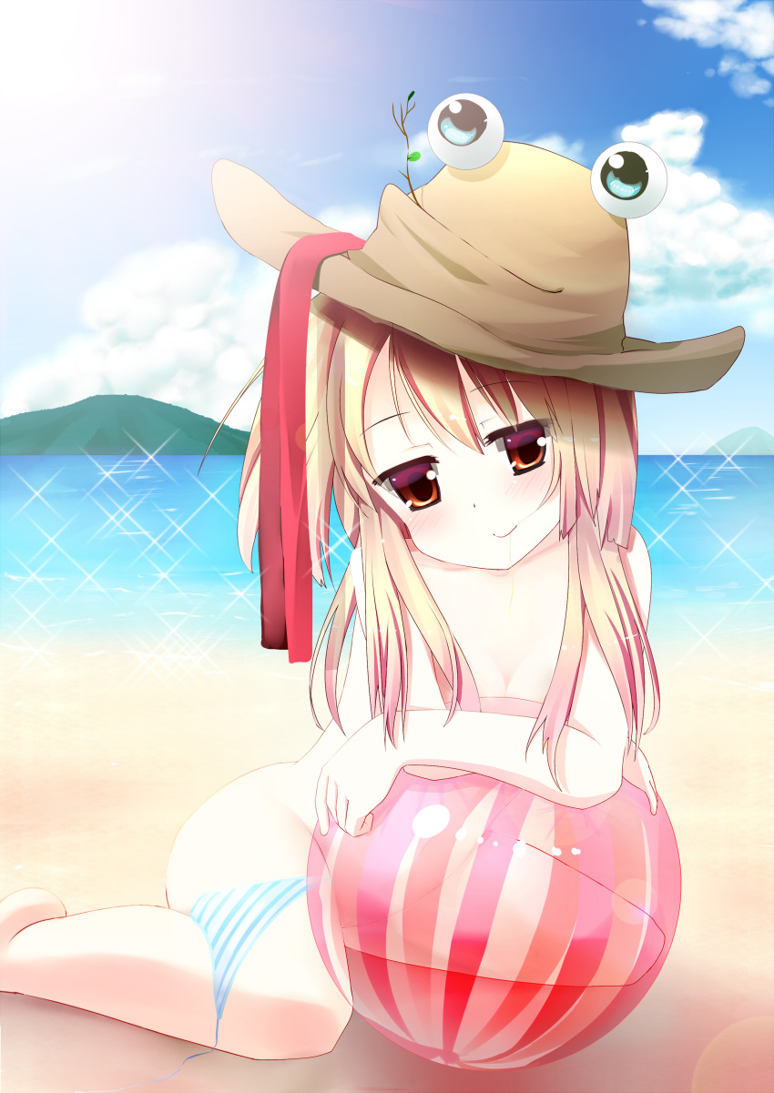absurdres, aqua_eyes, bad_id, ball, blonde_hair, blush, breasts, brown_eyes