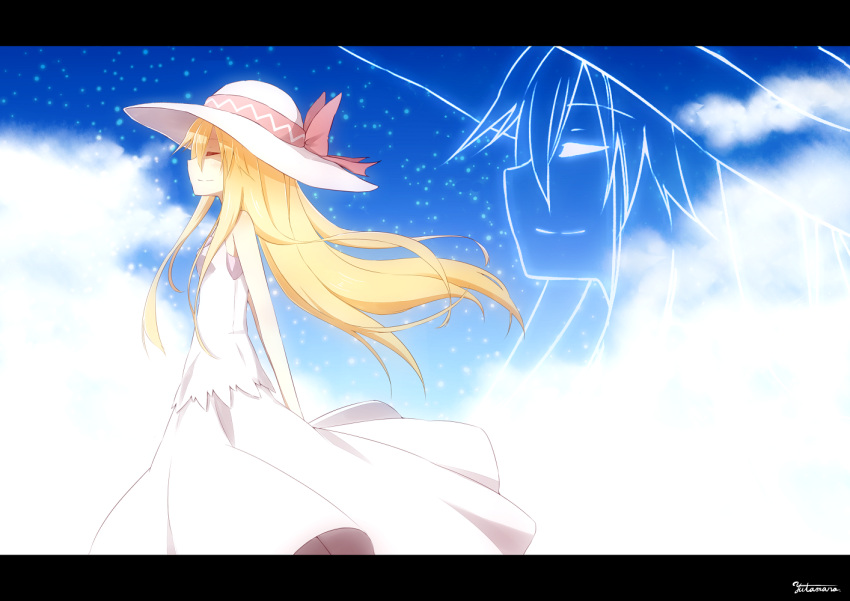 alternate_costume, arms_behind_back, bow, closed_eyes, cloud, dress, eyes_closed, hat
