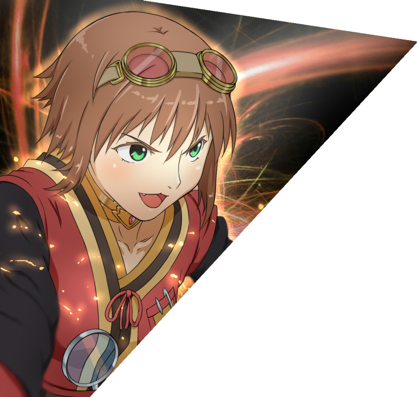 brown_hair, chiikana, choker, colored_eyelashes, fang, goggles, goggles_on_head, green_eyes