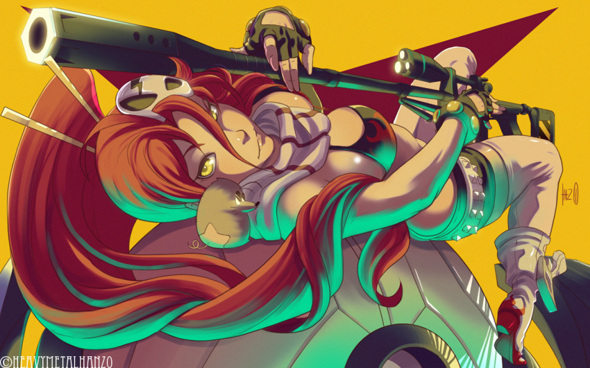1girl, anti-materiel_rifle, bikini_top, boota, boots, breasts, fingerless_gloves, flame_print
