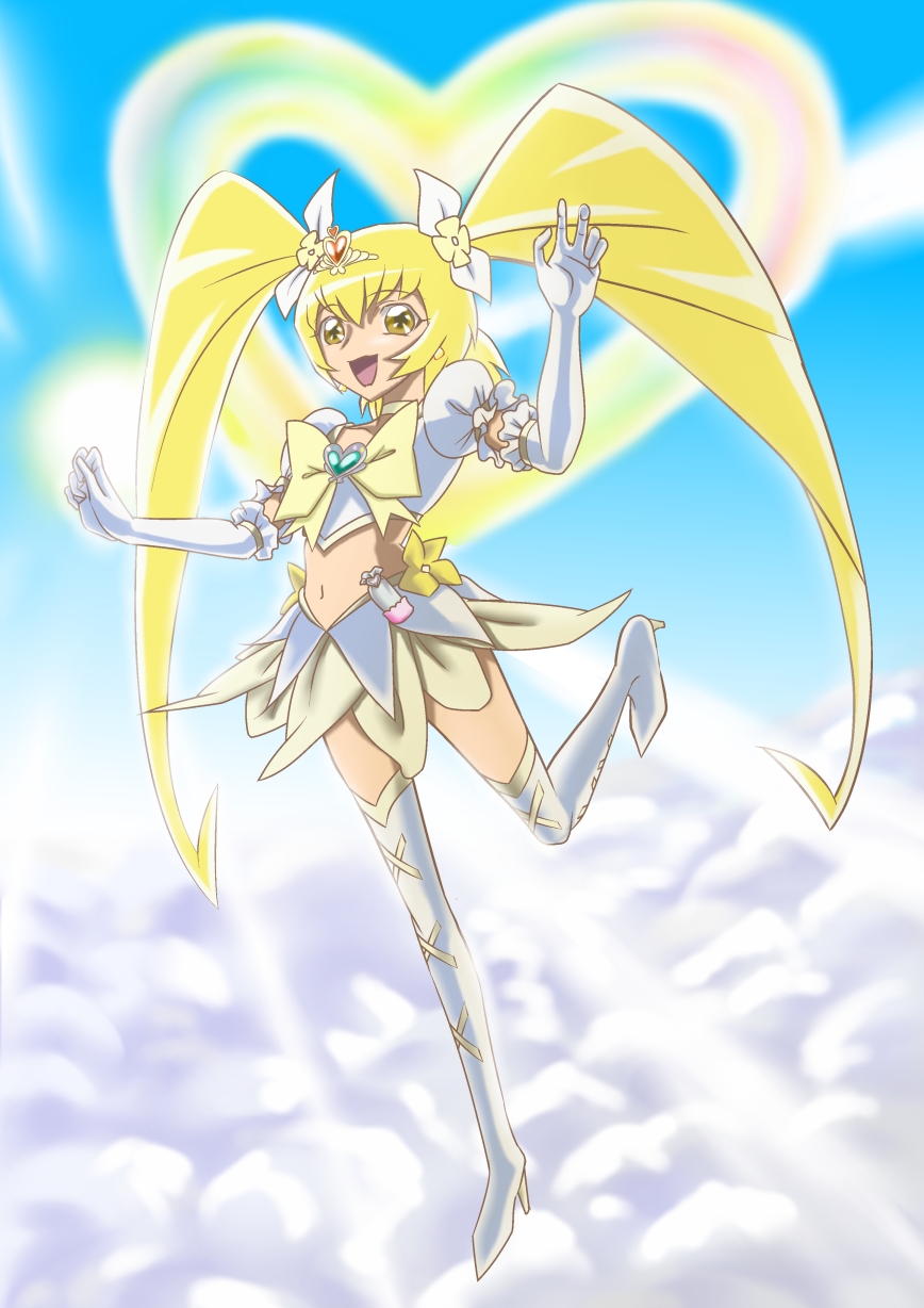 blonde_hair, boots, bow, brooch, choker, cure_sunshine, elbow_gloves, gloves