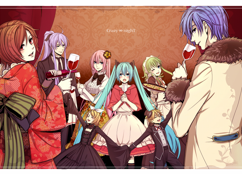 5girls, bad_end_night_(vocaloid), closed_eyes, coat, cup, dress, eyes_closed, flower