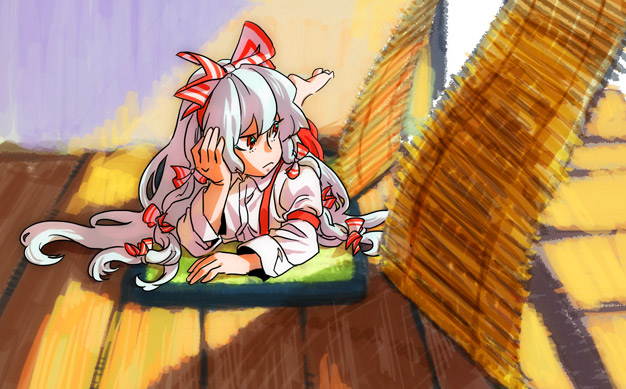 bangs, barefoot, bow, floorboards, frown, fujiwara_no_mokou, hair_bow, head_rest