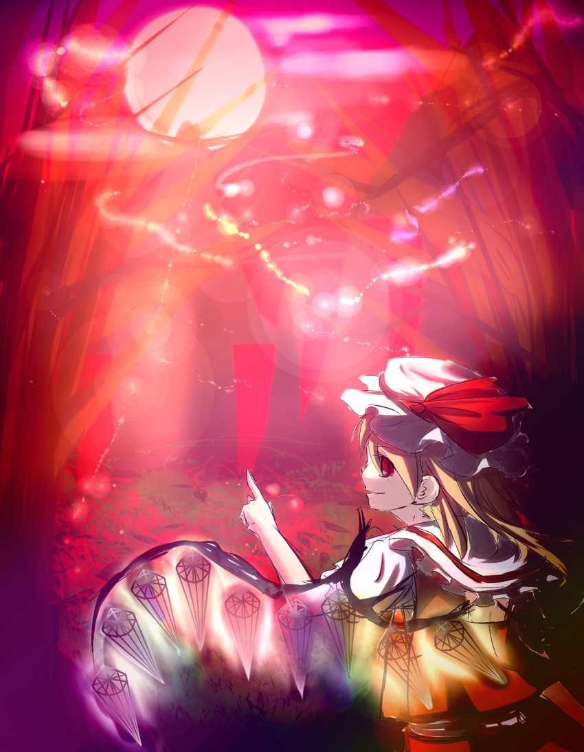 blonde_hair, crystal, firefly, flandre_scarlet, highres, looking_back, moonlight, pink