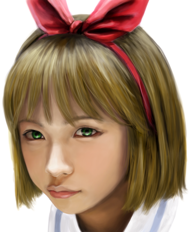 annaka_haruna, bow, dotechin, face, green_eyes, hair_bow, lips, nichijou, orange_hair, photorealistic, portrait, realistic, short_hair, solo