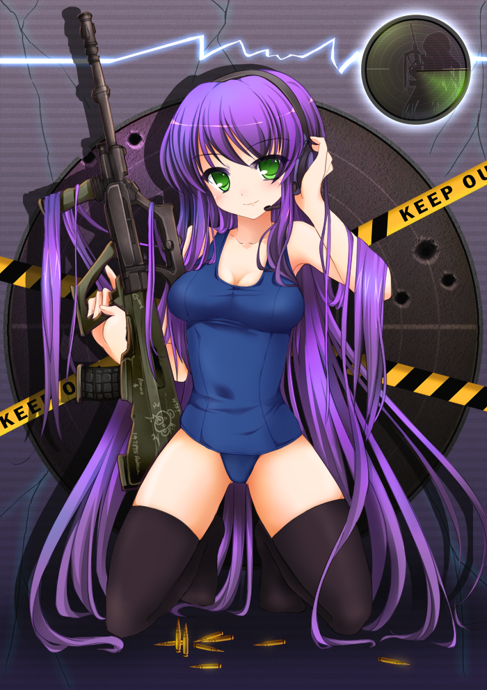 assault_rifle, black_legwear, breasts, bullet, bullet_hole, bullpup, caution_tape, cleavage