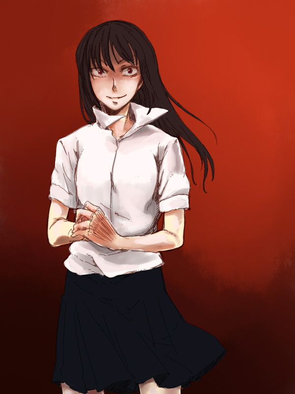 1girl, black_hair, cracking_knuckles, crazy_eyes, ishido_natsuo, long_hair, school_uniform, shirt