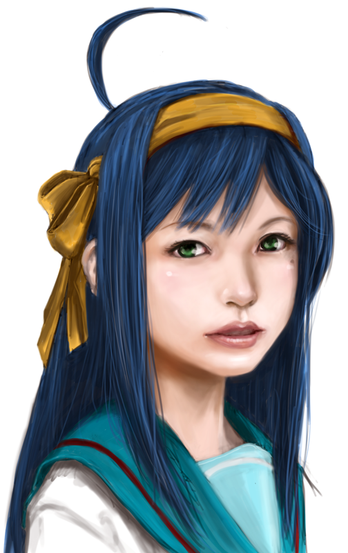 1girl, ahoge, blue_hair, dotechin, face, green_eyes, hairband, izumi_konata