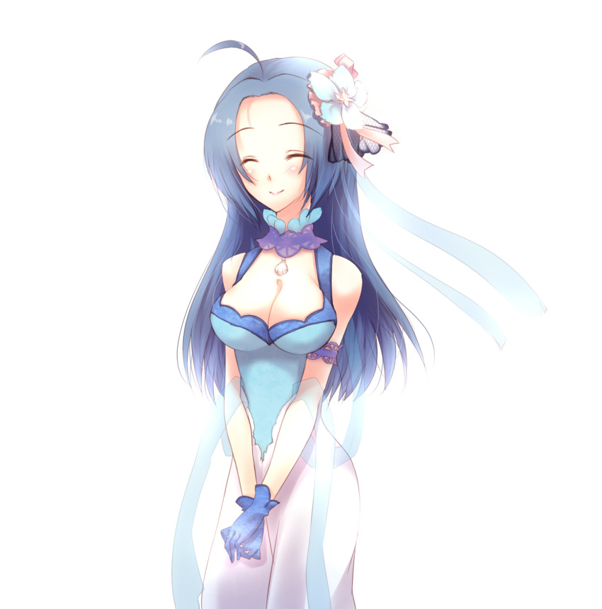 blue_dress, blue_hair, breasts, choker, cleavage, dress, flower, gloves