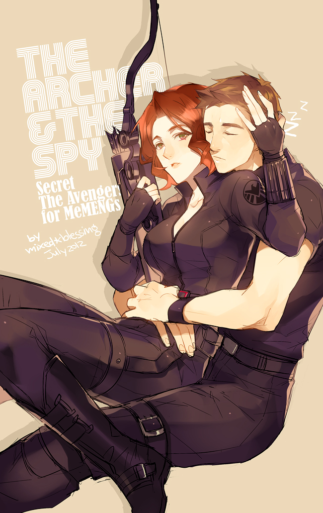 1girl, avengers, black_widow, black_widow_(marvel), bodysuit, bow_(weapon), breasts, brown_hair, center_opening, cleavage, clint_barton, closed_eyes, eyes_closed, fingerless_gloves, from_behind, gloves, green_eyes, hawkeye_(marvel), hug, hug_from_behind, marvel, natasha_romanoff, omix, red_hair, redhead, short_hair, weapon